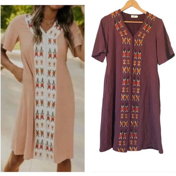 Roolee Dresses & Skirts - Roolee Women's Honey & Pine linen blend Floral Embroidery midi Dress medium